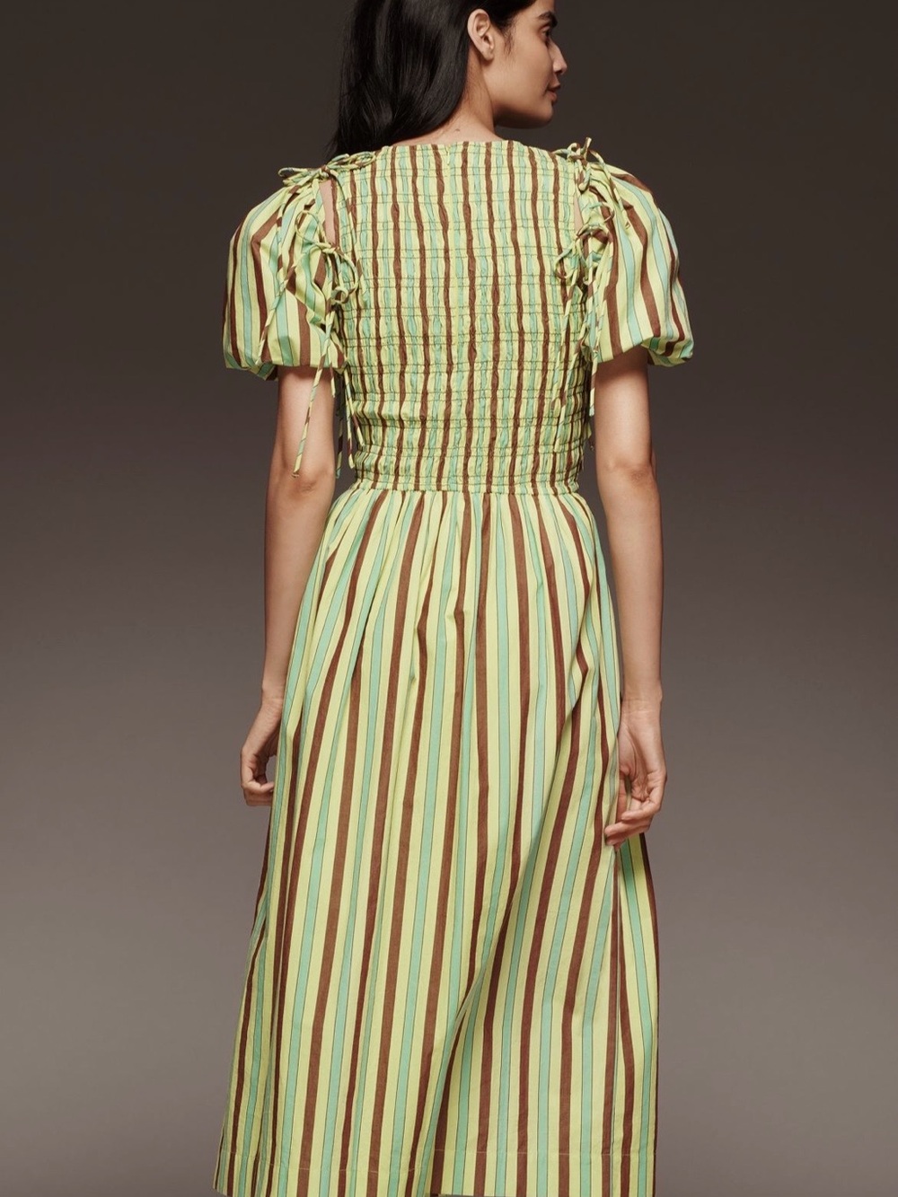 Striped Puff-Sleeve Midi Dress in Green - Picture 2 of 4